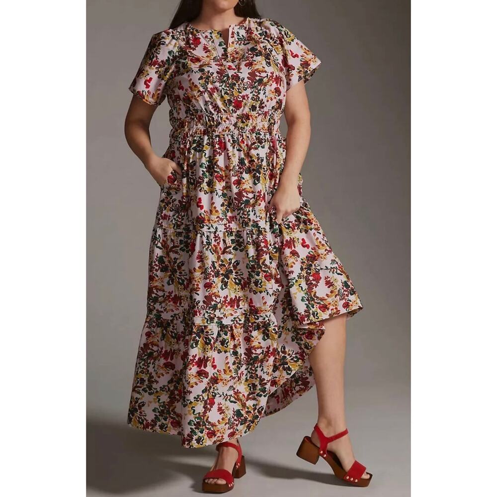 Anthropologie Somerset Maxi Dress Pink Cotton Floral A-line Tiered Skirt